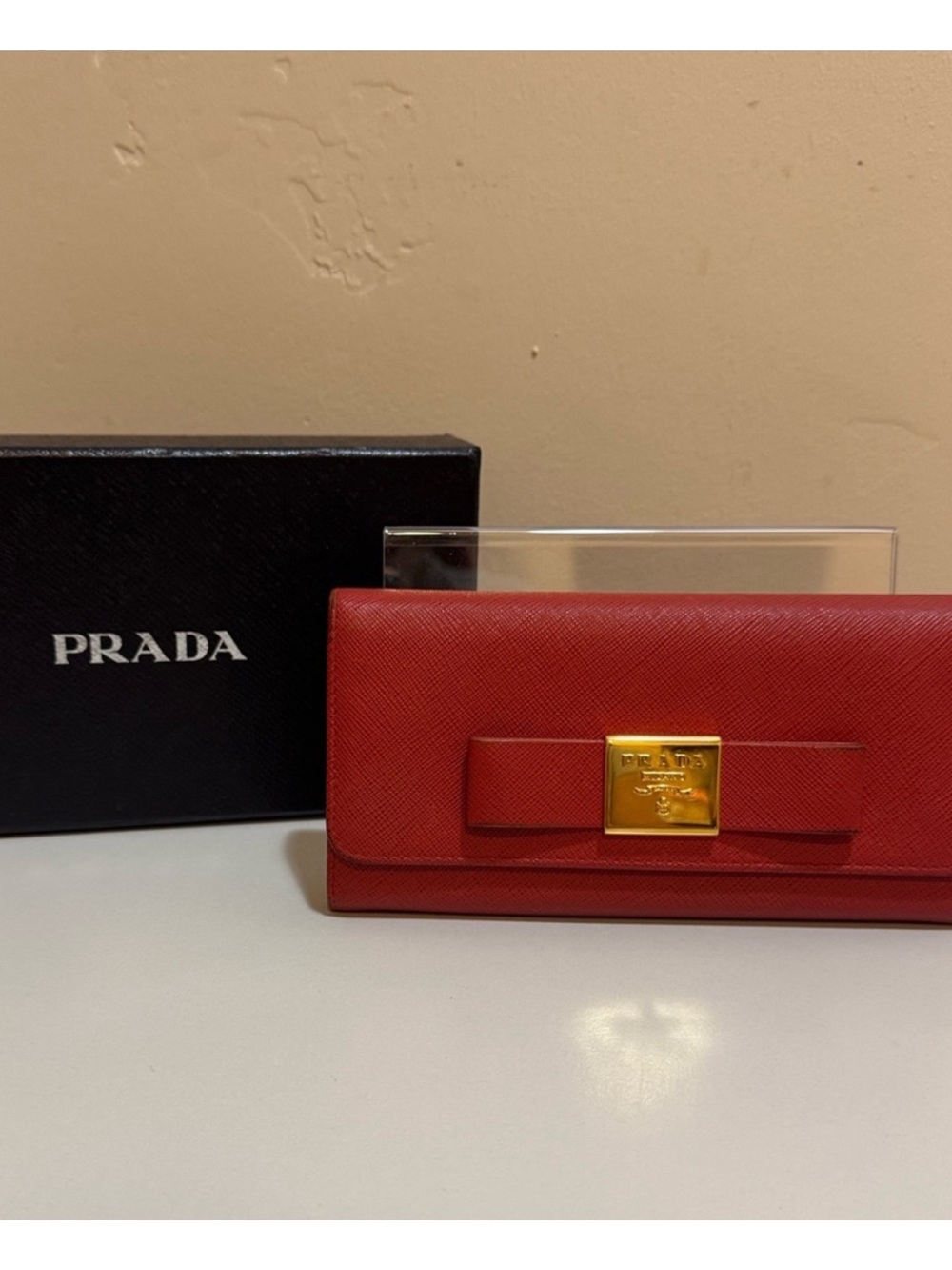 Prada Red Saffiano Gold-Plated Plaque Continental Wallet